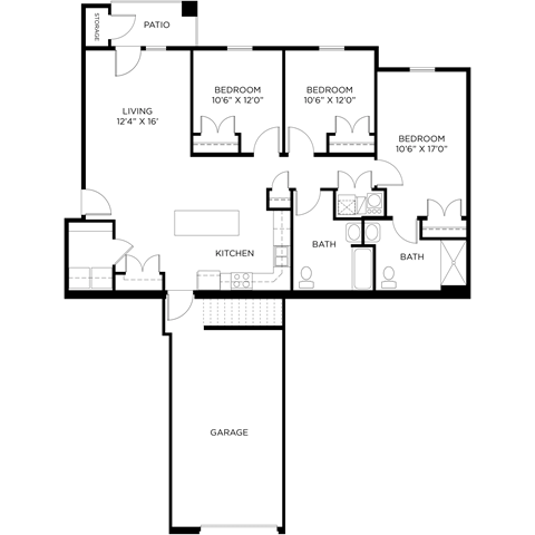 Floor plan for 3 beds, 2 baths, 1323 sqft
